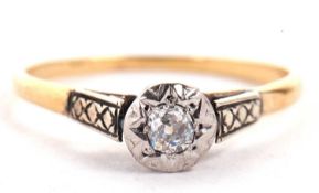 An illusion set diamond ring, the old mine cut diamond, illusion set in white metal to a plain