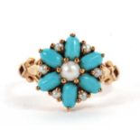 A 9ct turquoise and split pearl flowerhead cluster ring, the central split pearl surrounded by
