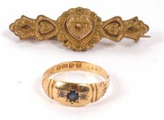 An Edwardian sapphire and diamond ring and a 9ct sweetheart brooch, the ring set with a central