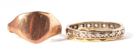 A rose gold blank signet ring, indistinctly stamped '9' (marks rubbed), 2.1g, together with an