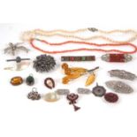 A quantity of mixed jewellery to include a coral bead necklace, garnets, paste dress clips,