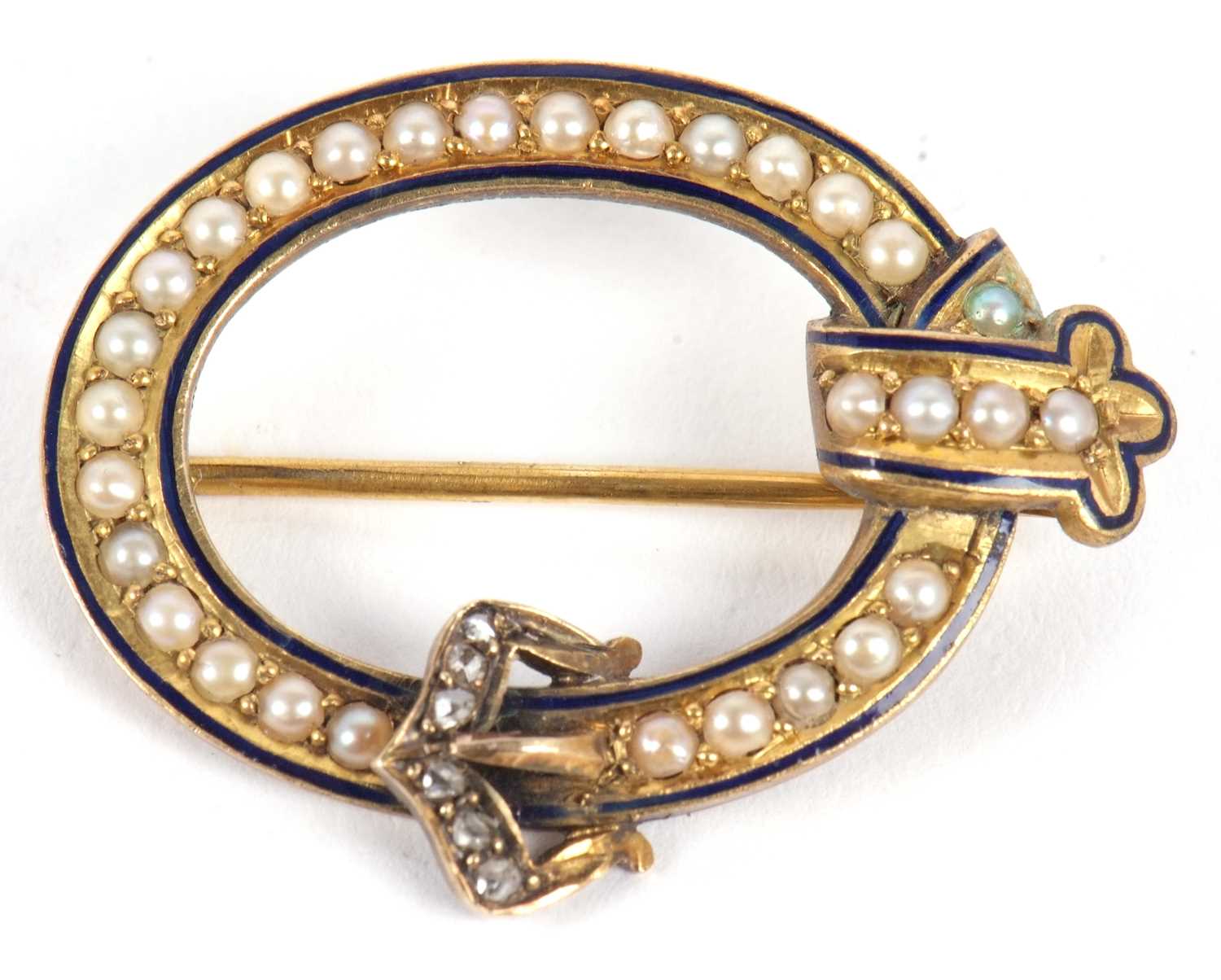 A 19th century split pearl, blue enamel and rose cut diamond brooch, the open oval set with a ring - Image 2 of 5