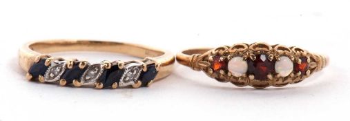 Two 9ct gemset rings: the first set with alternating marquise sapphires and small round diamonds,
