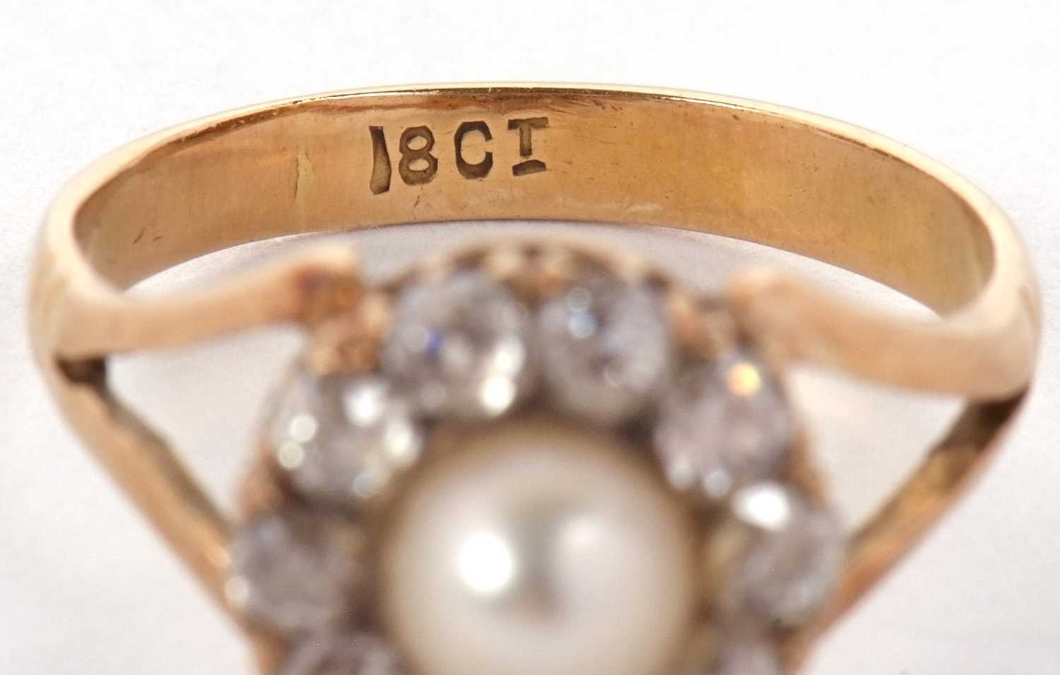 An 18ct cultured pearl and diamond ring, the round cultured pearl surrounded by old mine cut - Image 7 of 8