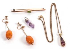 A group of jewellery to include a pair of butterscotch amber bead earrings with 9ct fittings, (4.