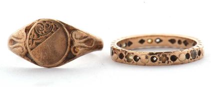 Two 9ct gold rings, the first a signet ring, 1954, size K, 1.7g, and a white hardstone ring