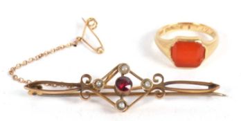 An 18ct ring, set with a carnelian, stamped 18 with Birmingham assay mark,3.9g, together with a