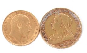 An 1894 sovereign and a 1909 half sovereign, (2)