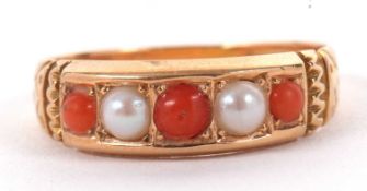 A Victorian 15ct coral and split pearl ring, set with alternating coral cabochons and split pearls
