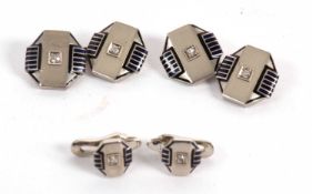 A pair of 14ct diamond and enamel cufflinks and matching collar studs, the octagonal panels set to