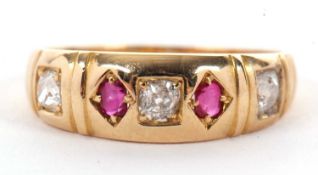A late Victorian 18ct ruby and diamond ring, the alternating old mine cut diamonds and round rubies,