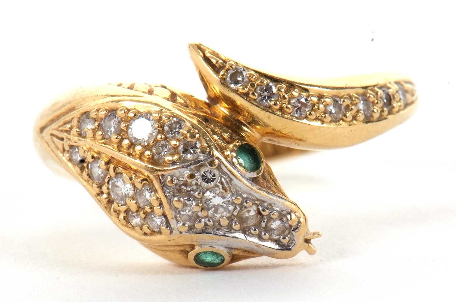 An 18ct snake head ring, the naturalistically modelled head pave set with diamonds and green - Image 3 of 8