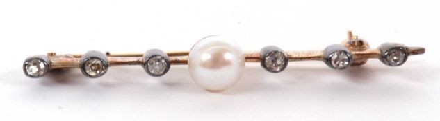 A 'pearl' and diamond bar brooch, the central 'pearl' (not tested), with closed back, with three old