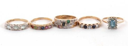 Five gemset rings, to include four 9ct and another unmarked yellow metal ring, 10.9g gross, (5)
