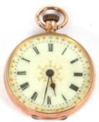 A lady's 9ct pocket watch, with cream enamel dial and black Roman numerals and hands, with gilt