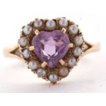 A 9ct heart shape amethyst and cultured pearl ring, all claw mounted with split shoulders and