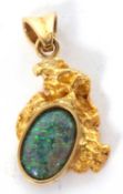 A boulder opal pendant, the oval boulder opal cabochon, collet mounted with open back, set