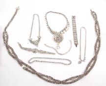 A quantity of diamante jewellery to include a mid 20th century diamanted and faux pearl crossover