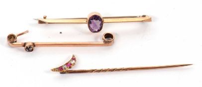A ruby and rose cut diamond crescent moon stick pin, unmarked, together with a 9ct amethyst bar