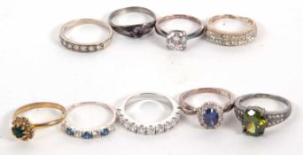 A mixed group of rings to include 8 silver and CZ rings and one gilt metal ring, (9)