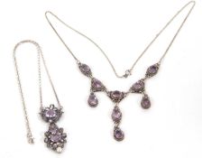 Two amethyst necklaces, the first an amethyst, cultured pearl and marcasite necklace, stamped 925 to