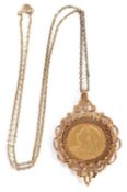 An 1895 half sovereign necklace, the sovereign with 9ct mount, hallmarked 1972, on unmarked yellow
