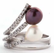 An 18ct white gold, diamond and cultured pearl ring, set with three strands of small round brilliant
