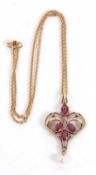 A 9ct garnet, diamond and cultured pearl pendant, the Art Nouveau style pendant set with four oval