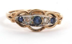 A 9ct sapphire and diamond ring, the graduated, alternating round sapphires and diamonds, with