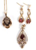A quantity of gemset jewellery to include an oval smokey quartz pendant with scalloped gallery