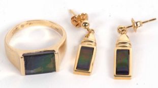 A 14k ammolite ring and earrings, the ring set with a recatangular panel of ammolite doublet, 8mm
