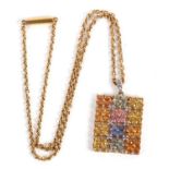 A 9ct gemset necklace, the pendant comprised of multi-colour gemstones, 22 x 28mm, with diamond