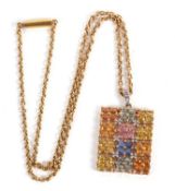 A 9ct gemset necklace, the pendant comprised of multi-colour gemstones, 22 x 28mm, with diamond