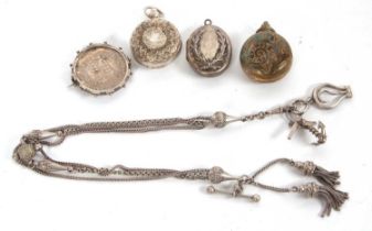 A mixed lot to include a silver watch chain and charms, hallmarked to one end Birmingham 1883,