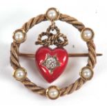 A 15ct red enamel and diamond heart brooch, the central red enamel heart set to centre with an old