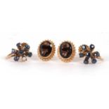 Two pairs of gemset earrings to include a pair of sapphire cluster earrings, 12mm wide, with