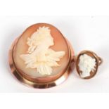 A 9ct cameo brooch and 18ct cameo ring, the oval shell brooch with Zeus and his eagle, collet