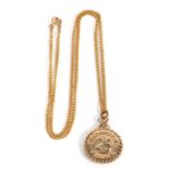 A 9ct pendant and chain, the round pendant with '25 Golden Years' to both sides, with rope twist