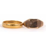 Two gold rings, a 22ct wedding band hallmarked London 1971, size P, 4.1g together with a 9ct