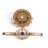 Two gemset brooches: the first a 9ct bar brooch set with a small round sapphire and seed pearls,