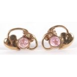 A pair of 9ct tourmaline earrings, the Art Nouveau styled earrings each set with a round pink