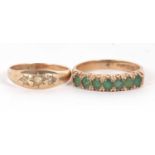 Two 9ct rings: the first a 9ct seven stone emerald ring, stamped 375, (other marks obscured), size