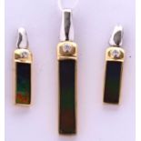 An 18kt ammolite and diamond pendant and matching earrings, the pendant set with a rectangular