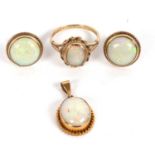 A matched suite of 9ct opal jewellery, to include an oval opal cabochon ring, size Q, hallmarked