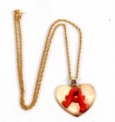 A coral decorated heart pendant and 9ct chain, the heart pendant set with a coral 'A', 3cm wide,