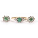 A 9ct emerald and diamond ring and a pair of similar earrings, the ring set with an oval emerald