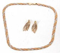 A 9ct tri-colour gold necklace and similar earrings, the tri-colour gold necklace with three