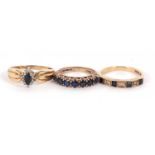 Three 9ct rings: a 9ct sapphire half hoop ring, size I, 2.3g; a 9ct alternating sapphire and diamond