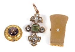 Three items of gemset jewellery to include an emerald and diamond pendant, set with a pale green