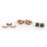 Three pairs of earrings to include a pair of tri-colour gold earrings, stamped 375 to possts, a pair